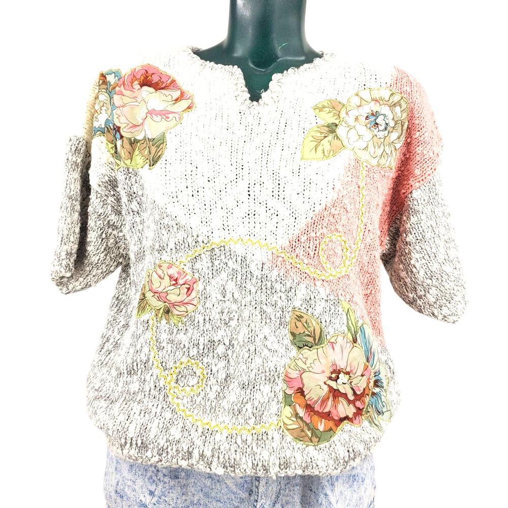 Vintage Floral Patchwork Knit Sweater Top Grandmacore Cottagecore V Neck L 1167
